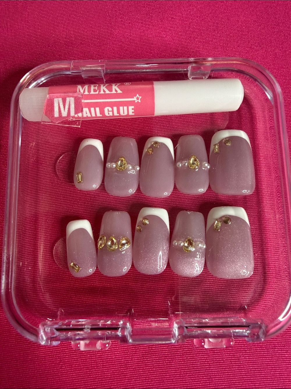 MEKK Pink Mauve French Tip Press-On Nails with Gold Accents